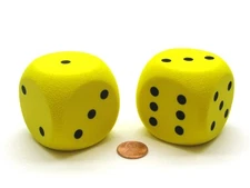 Pack of 2 50mm D6 Round Foam Dice Numbered 1 to 6 - Yellow with Black Spots