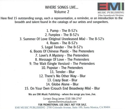 Where Songs Live Volume 2 promo publishing sampler CD Blur, The Pretenders, B-52
