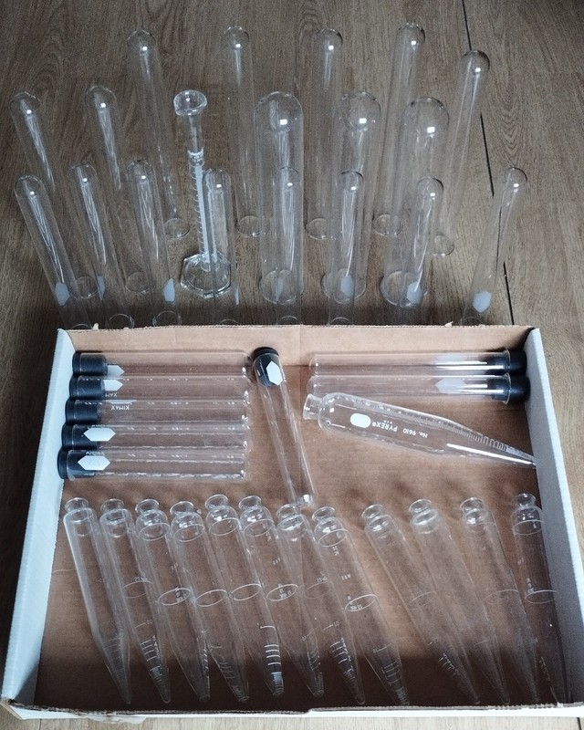 Lot of laboratory glassware test tubes centrifuge tubes, 10mL graduated cylinder