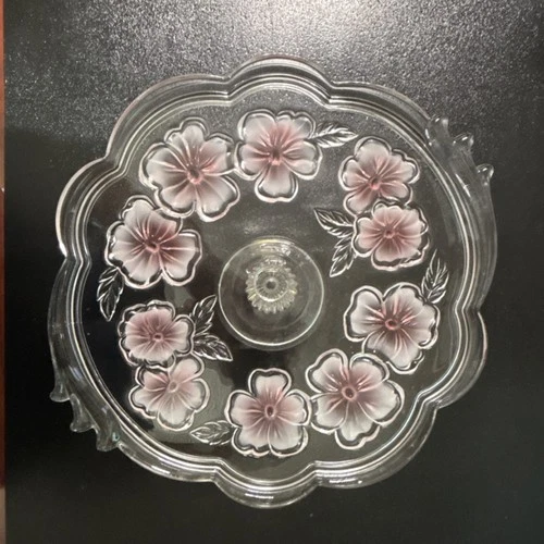 Vintage depression glass pedestal cake plate with pink floral design