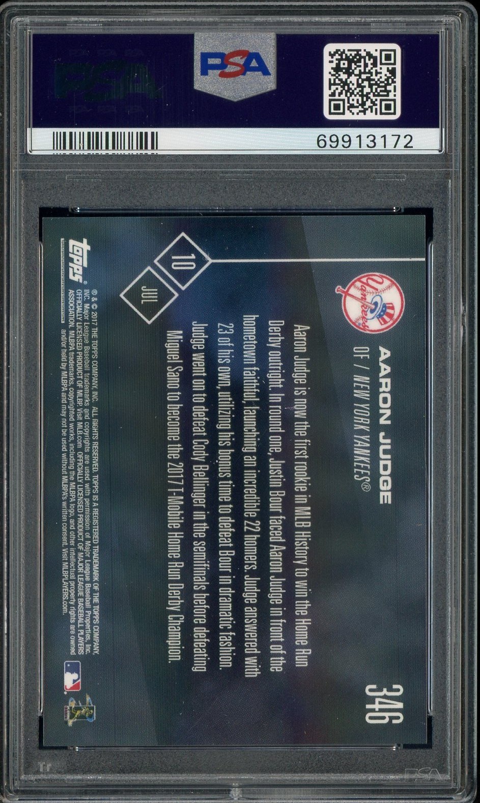 2017 Topps Now #346 Aaron Judge Yankees RC Rookie PSA 10 GEM MINT view 2