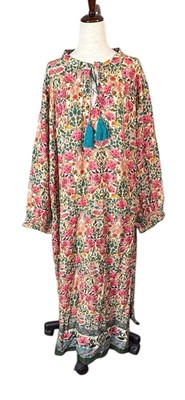 NWT Natural Life Sz XL Dara Pink Floral Long Smock Sleeves Tassel Tie Midi Dress