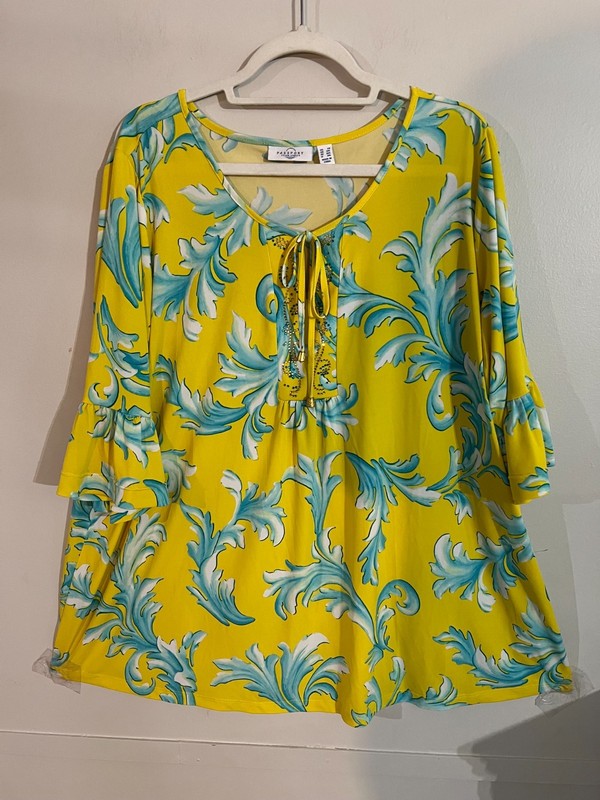 SUSAN GRAVER PASSPORT 2X YELLOW FLORAL 3/4 BELL SLEEVE-TIE V-NECK WOMEN'S TUNIC