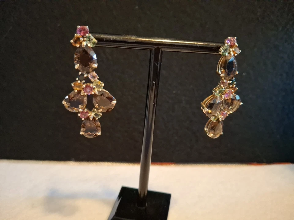 Pendientes colgantes genuinos de turmalina multicolor y cuarzo ahumado oro sobre SS Foto 2 de 4
