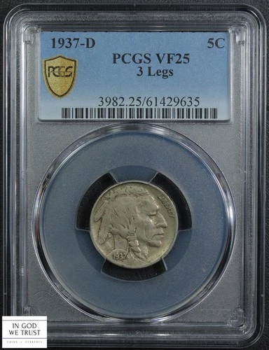 1937 D Three Legged Buffalo Nickel 5C 3 Legs PCGS VF 25