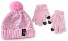 Justice Girls Pink Knit Beanie Hat  Gloves Set Pom Pom Sparkle Winter One Size