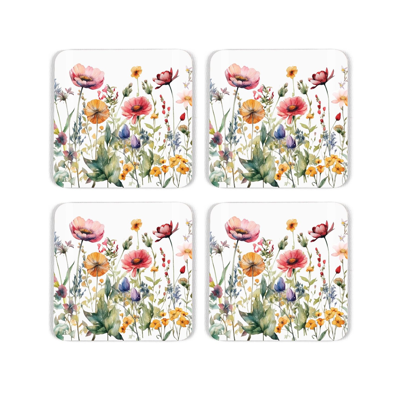 Wildflowers Cork Coaster Set - Watercolour Flower Gift - Set of 4 Coasters
