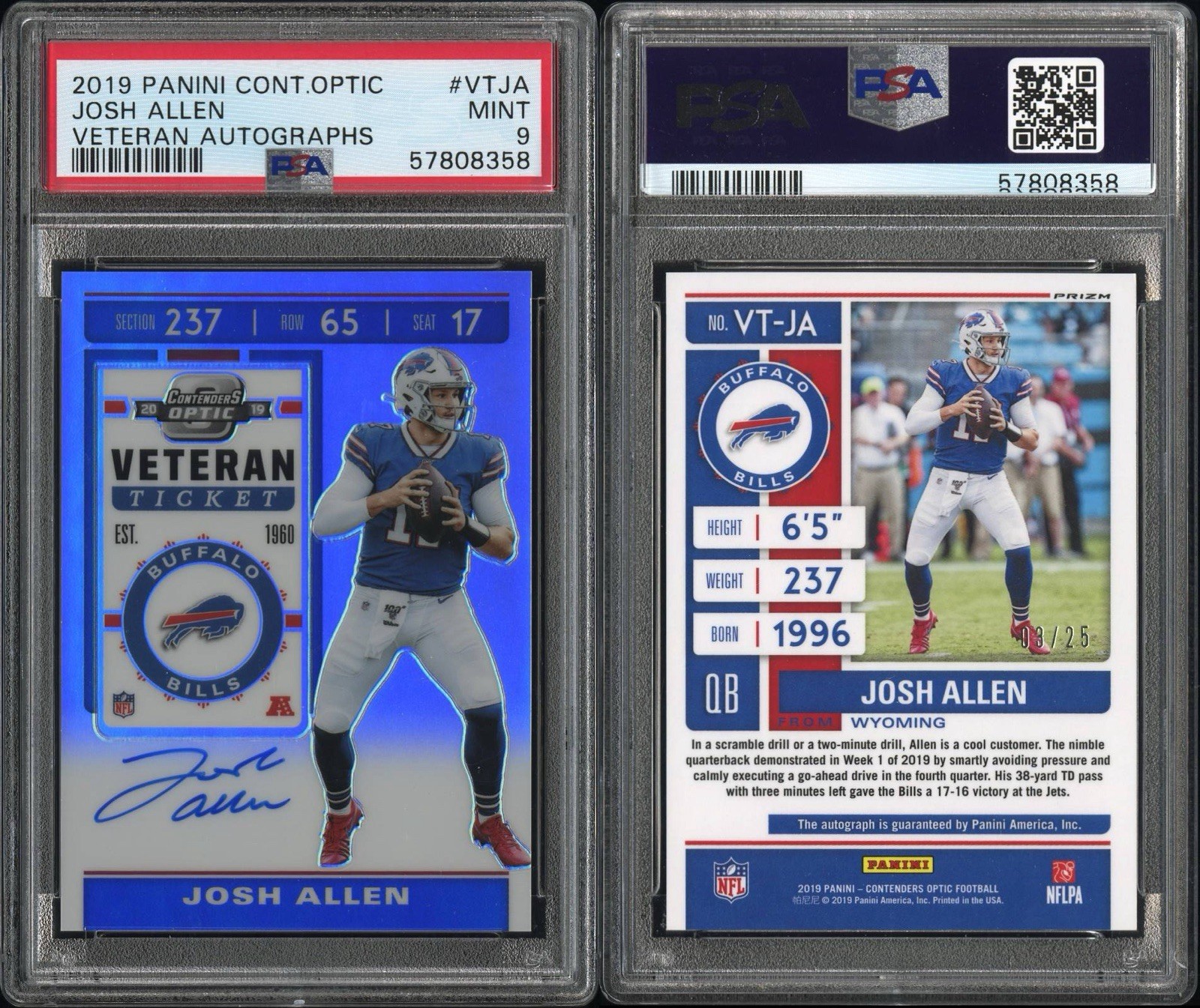 Josh Allen /25 Auto Veteran Ticket 2019 Contenders Optic SSP MINT PSA 9 view 3