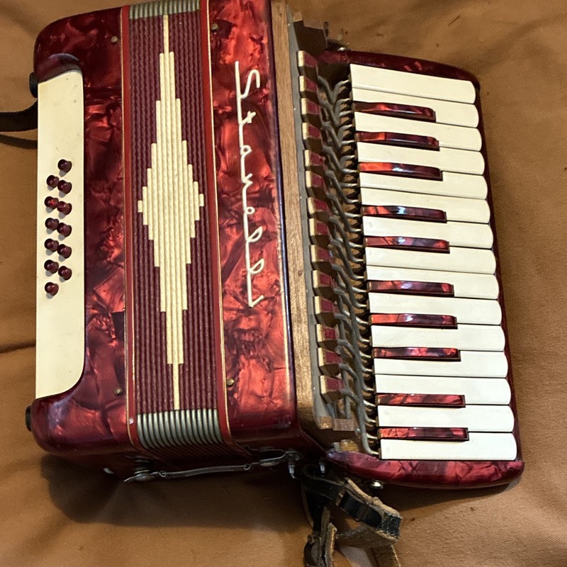 Stradella Red Pearl Small Piano Accordion 17 Treble 12 Bass, Strap M3954