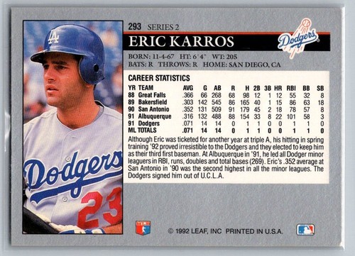 1992 Leaf Eric Karros #293 - Picture 2 of 2
