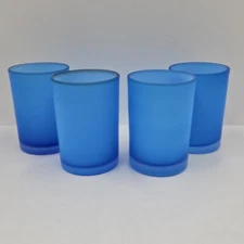 Set Of 4 Vintage Hand Blown Blue Satin Cased Glass Juice Tumblers MCM