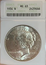 1934 Soapbox ANACS MS63 Peace Silver Dollar