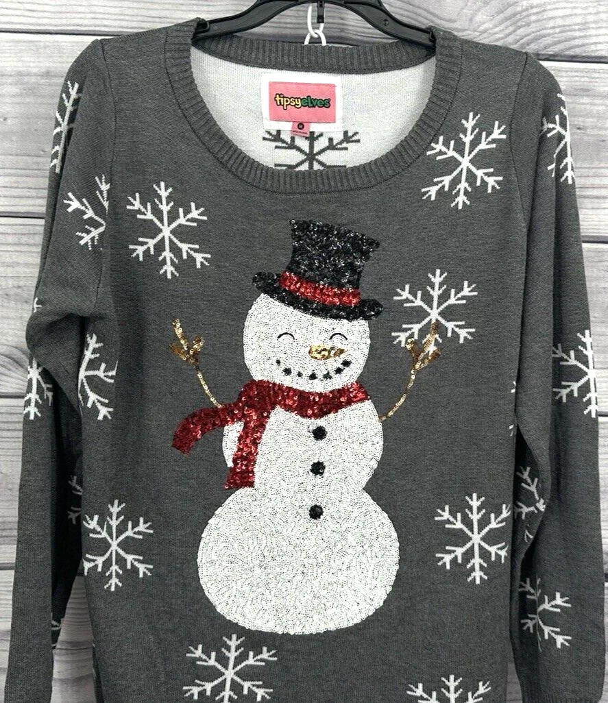 TIPSY ELVES SEQUIN SNOWMAN UGLY CHRISTMAS SWEATER Women's Size Medium GREY   NT