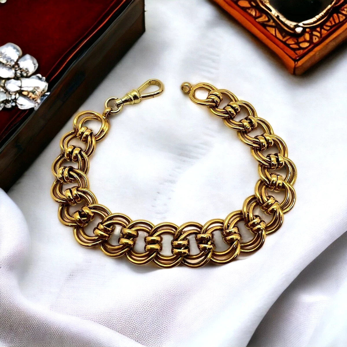 18K Solid Gold Double Circle Link Designer Bracelet 7