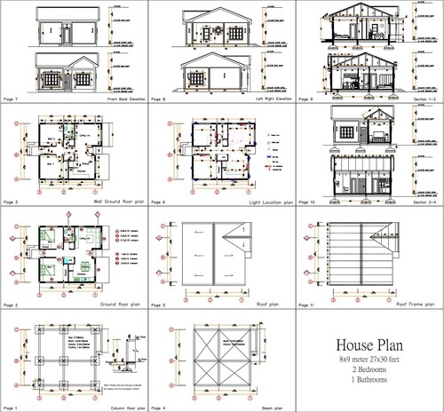 Plans De Maison 2 Chambres, 1 Salle De Bain - 27x30 Pieds (8x9 M) - Toit à Deux Pans - Copie Papier A4