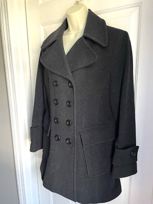 ESPRIT Ladies Coat size M Black Wool Double Breasted Pea Coat Hip Mid Length