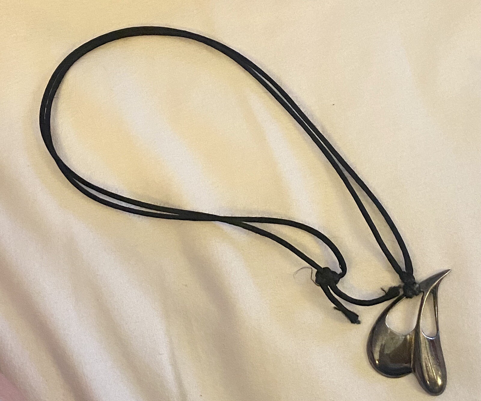 Modernist Sterling Silver Open Heart Pendant Necklace On Black Silk Cord K Young