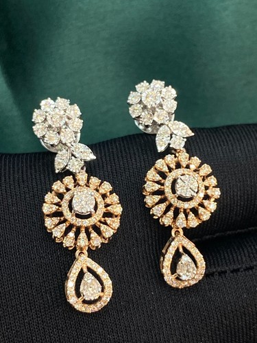 1.82 Cts Round Baguette Shape Natural Diamonds Dangle Earrings 14K Two-Tone Gold - Picture 10 of 13