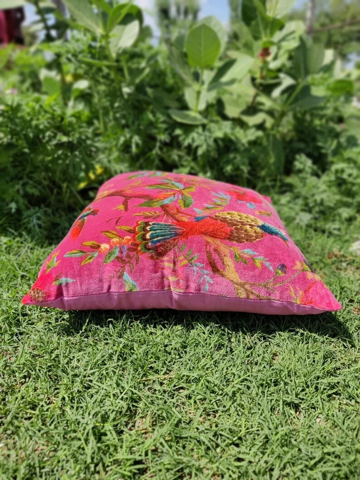 Pink Velvet bird JAYPURI Cushion Pillow Throw Ethnic Indian Handmade Cover 1PC - Image 2 of 4