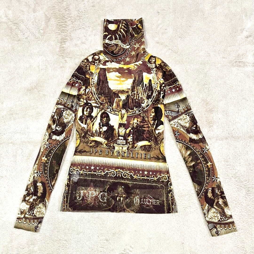 Jean Paul Gaultier Indian Print Turtleneck Power Net Top Brown 
