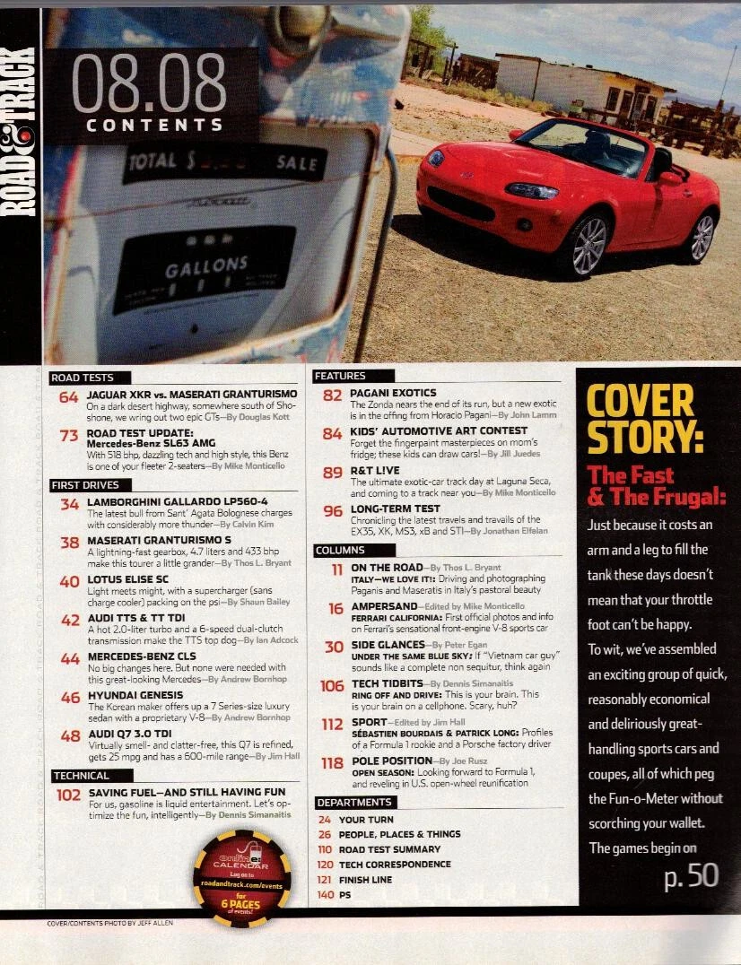 ROAD & TRACK ~ Aug 2008 ~ Hottest Cars, Ferrari Calif, Jaguar XKR, M-B SL63  AMG | eBay