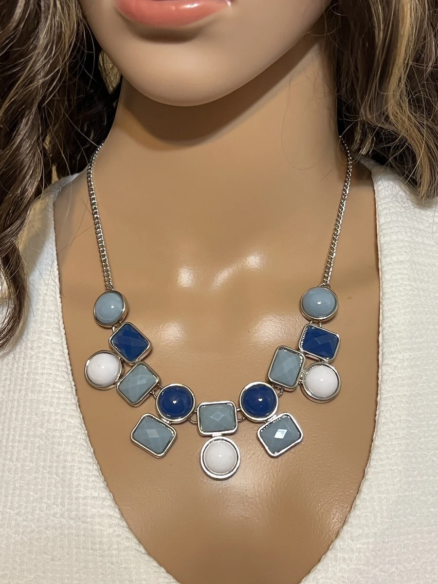 Charming Charlie Bib Statement Necklace Blue White 18 Adjustable