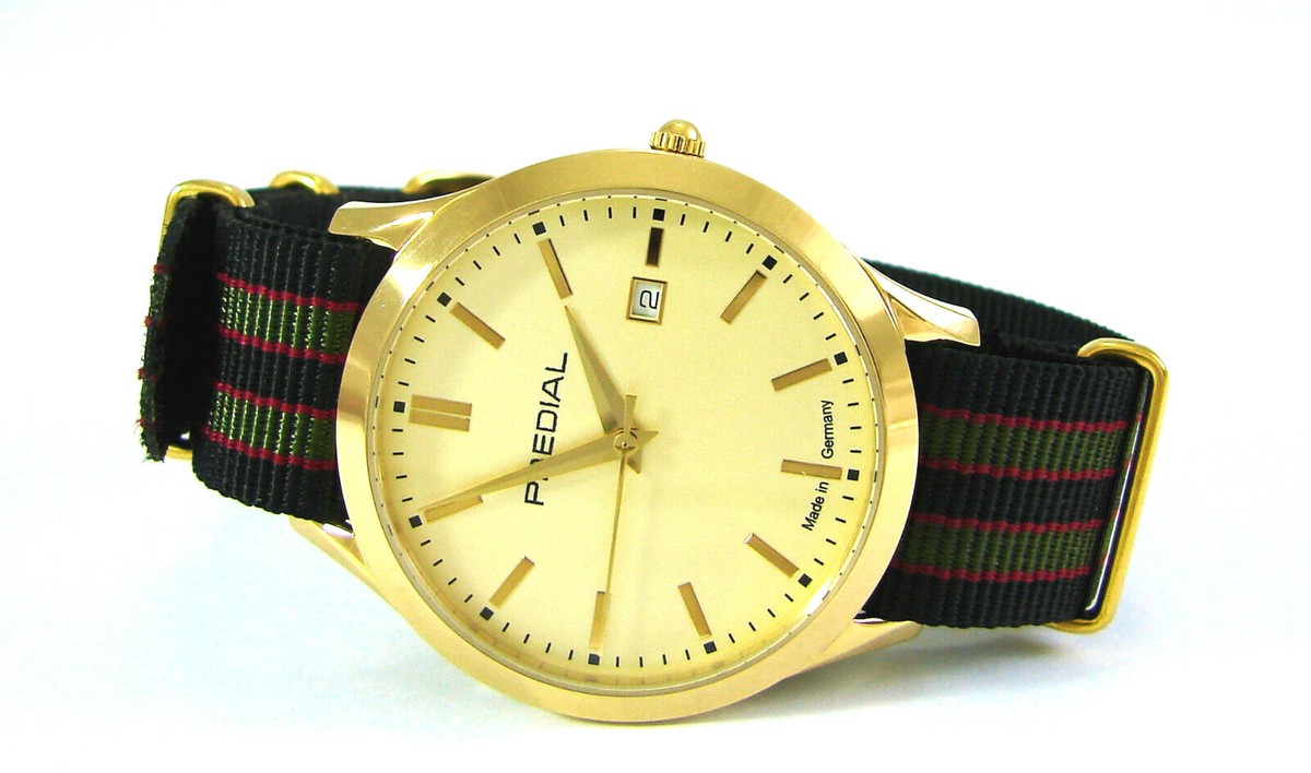 PREDIAL Automatic Herrenuhr mit Datum Textilband schwarz gold grün