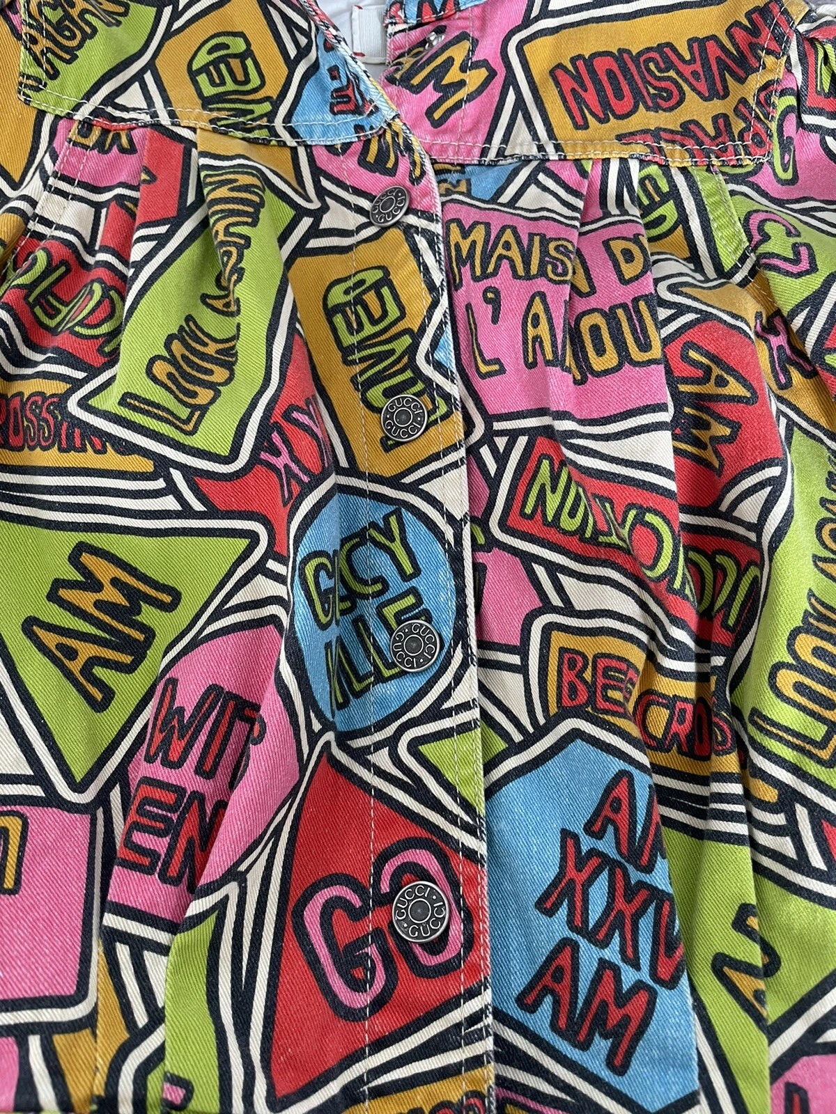 Autentica giacca denim fumetto GUCCI per bambine blu rosa verde colorato GG età 5