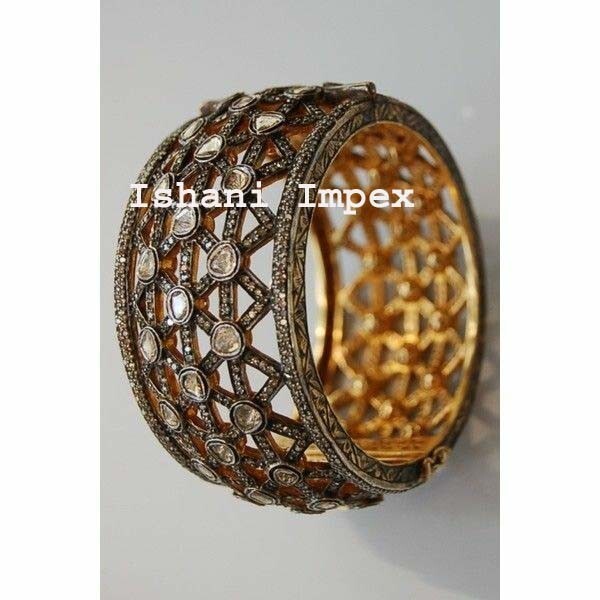 Bangle Natural Rosecut  Diamond & polki 925 Sterling Silver Bracelet Jewelry-image