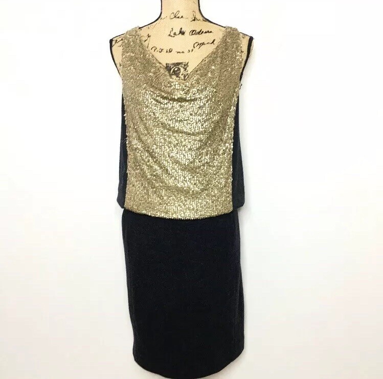 Tory Burch Sequin Wool Dress S Gray Gold Knit Blouson Pencil | eBay