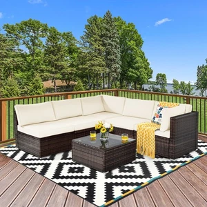 6PCS Rattan Outdoor Sectional Sofa Set Patio Furniture Set w/ White Cushions