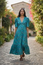 Anna Cate XS Cotton Floral Print Boho Cottagecore Puff Sleeve Teal Maxi Dress