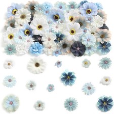 90 Pcs Mini Artificial Silk Flower Heads - Blue Peony, Daisy, Rose Floral Appliq