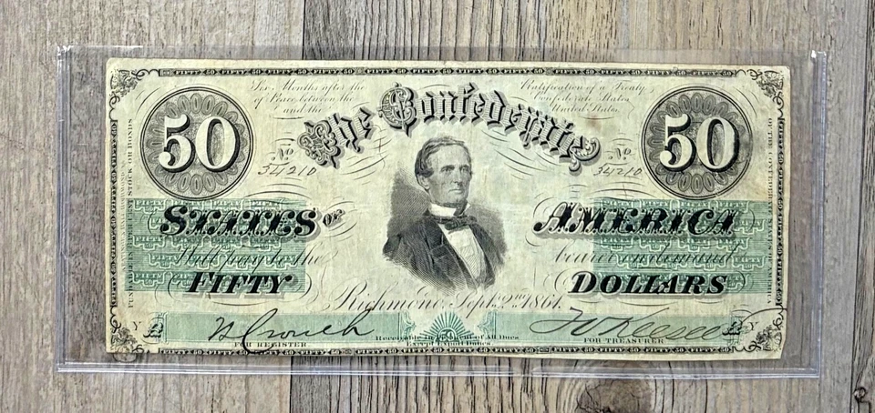 1861 $50 T 16 Confederate Paper Money, Blank Back, Partial Signature on Back - Image 3 of 4