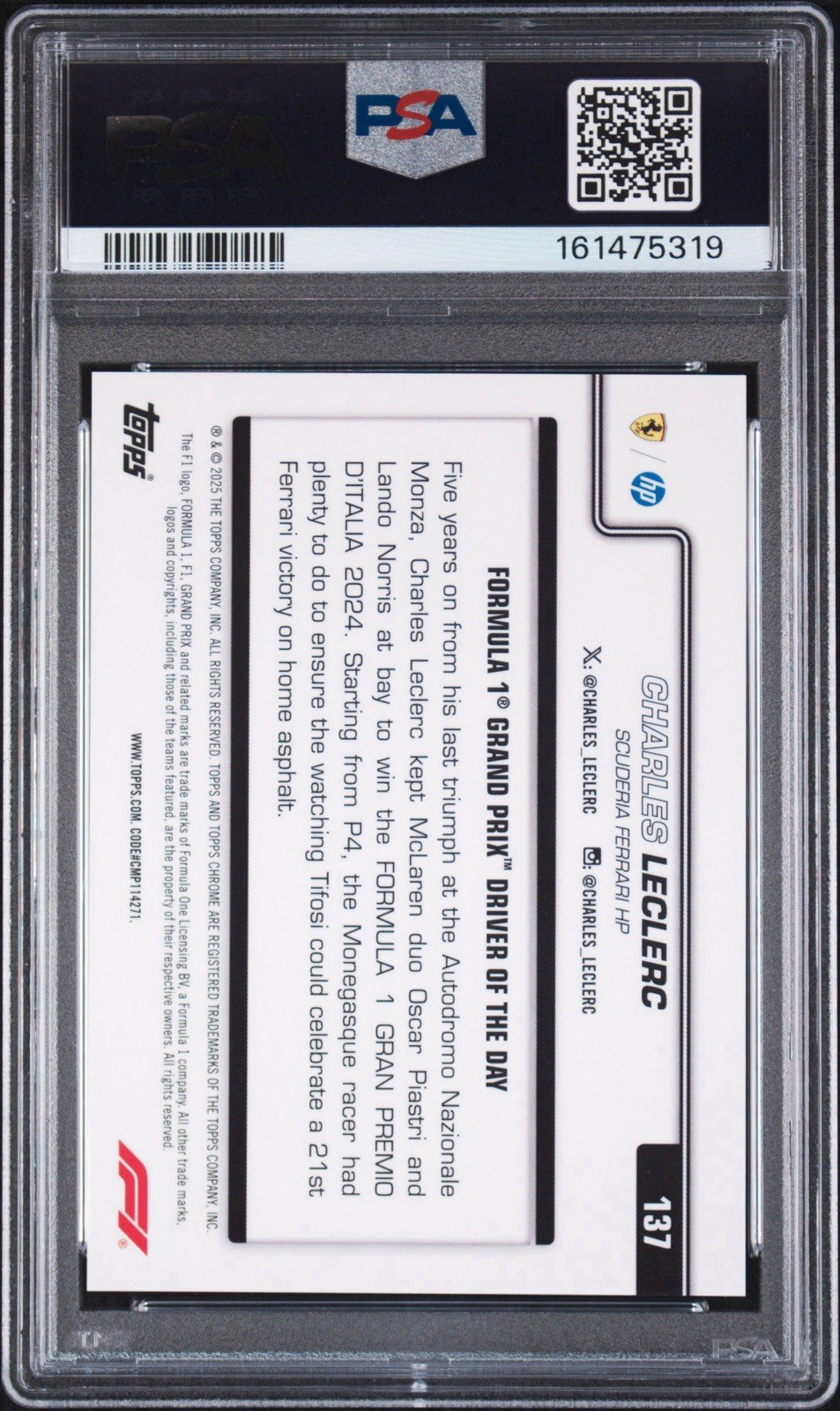 Topps 2025 Sapphire F1 Charles Leclerc Orange #137 PSA 10 /25 Parallel view 2