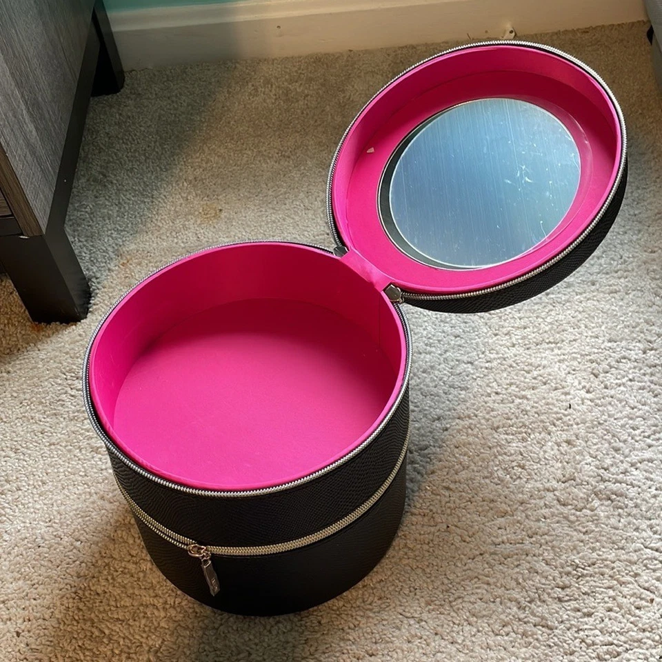 Black Round Train Case Tiered Makeup Organizer Vanity Bag Mirror Zipper NWOT - Image 3 of 3