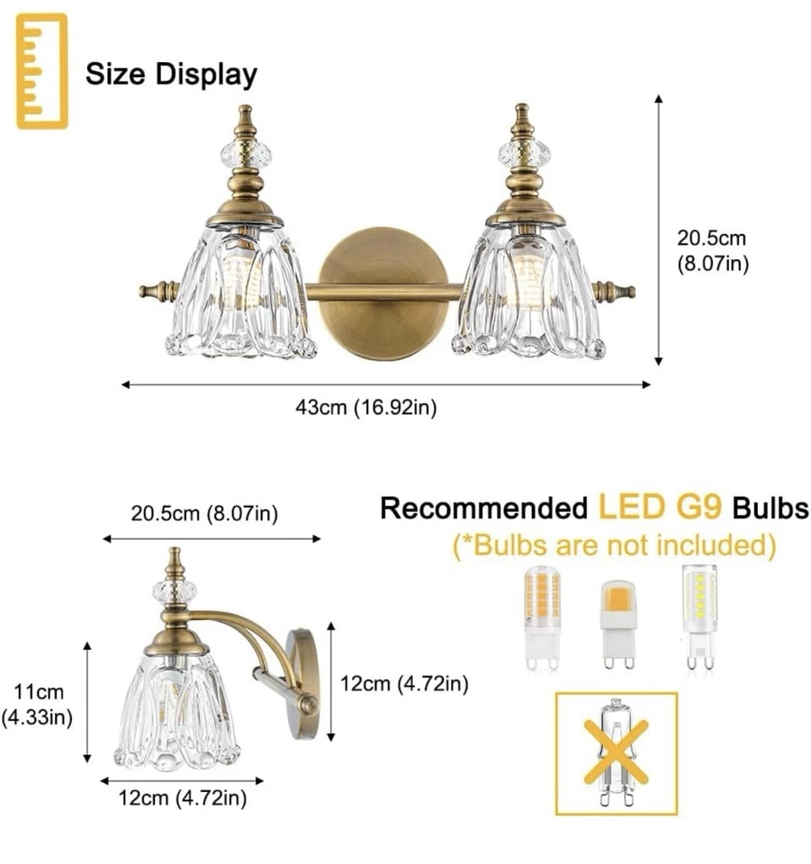 Lámparas de baño de latón, oro cepillado para granja, 2 luces de tocador Foto 3 de 3