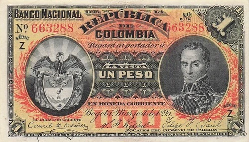 Colombia  1  Peso  3.4.1895  P 234  Series  Z  Uncirculated Banknote CCC