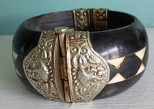 Vintage Ebony Wood Hinged Bangle Bracelet With Pin Brass Overlay  Ethnic Tribal
