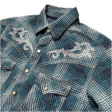 Wrangler Rock 47 Men  s Size S Shirt Blue Plaid Pearl Snap Embroidered Western