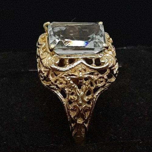 Antique Filigree 4.00ctw Aquamarine 14K Yellow Gold 925 Silver Ring Size 7