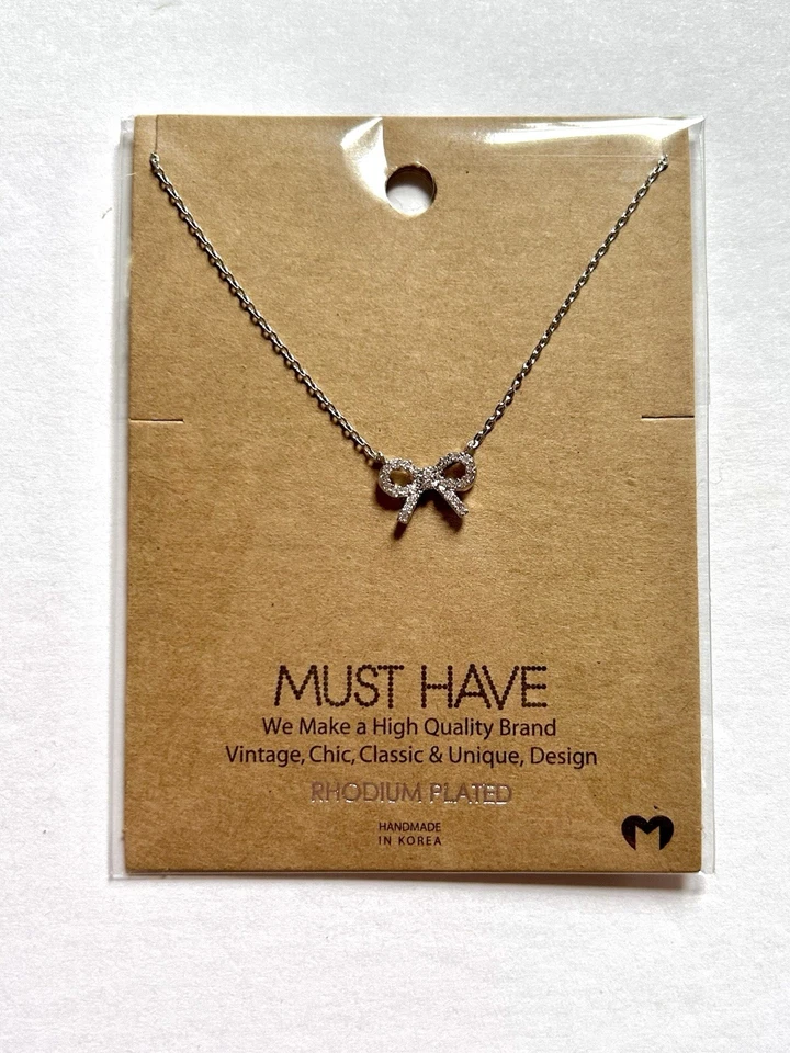 NEW! Must Have SILVER BOW NECKLACE Jeweled Rhodium-Plated Handmade Classic 17in — 第 2/4 张图片