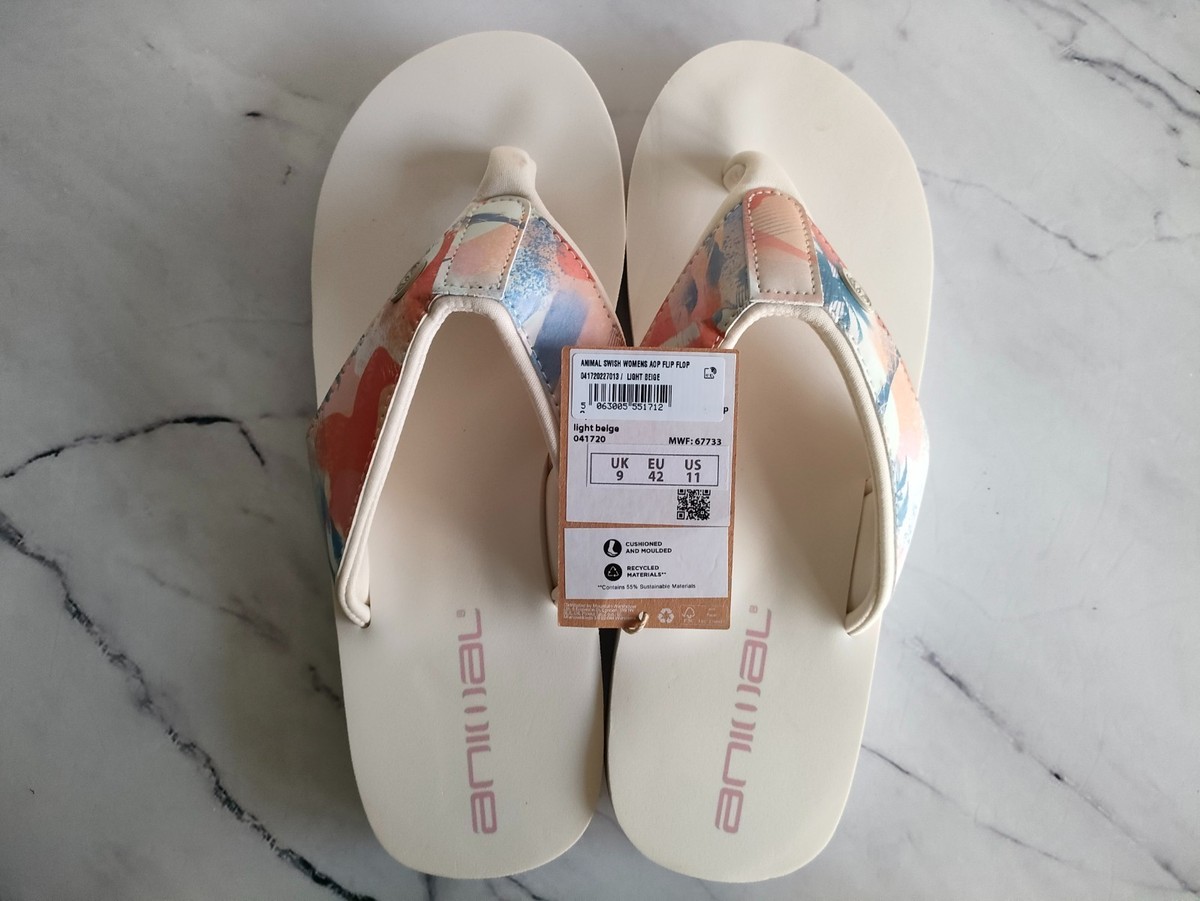 Women's Animal Swish Flip Flops Light Beige UK Size Brand New