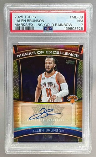 Jalen Brunson 2025 Topps #ME-JB Gold Rainbow Marks of Excellence Auto /50 PSA 7