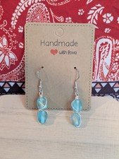 Silver Plated Wire Wrapped Sea Blue Glass Bead Earrings