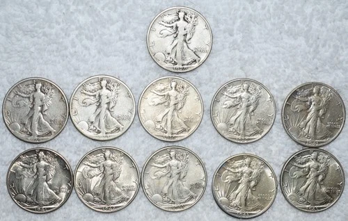 11 Walking Liberty Half Dollars - 1929-S, 1933-S, 1936-S, 1939-D, 1941-S.. VG-AU