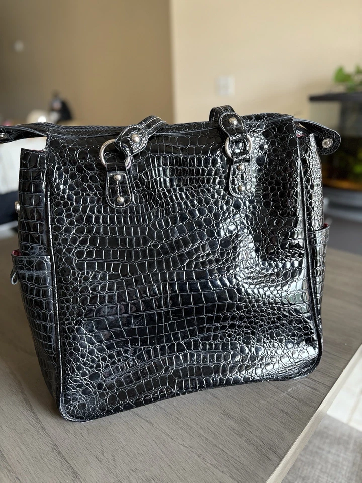Bolso de Mano Kathy Van Zeeland Negro Simulado Patente Diseño Cocodrilo PVC Hombro XL Foto 4 de 4