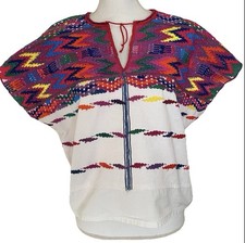 HUIPIL Large Rare Heavyweight White Cotton Multicolored Embroidery Beautiful