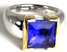 Vintage Sterling Silver & Gold 925 Princess Cut Lab Created Sapphire Eng Ring