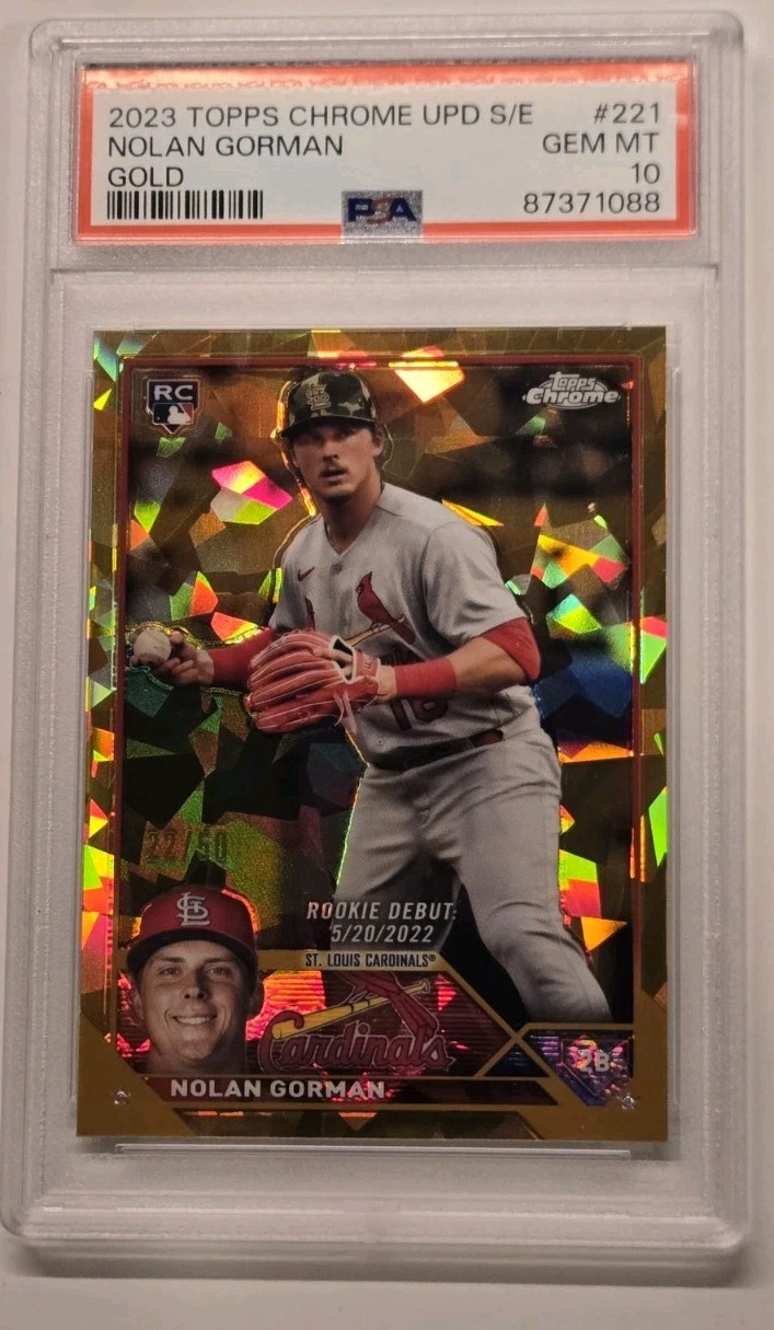 2023 Topps Chrome Nolan Gorman Gold Sapphire Debut 30/50 SSP #USCS221 PSA 10